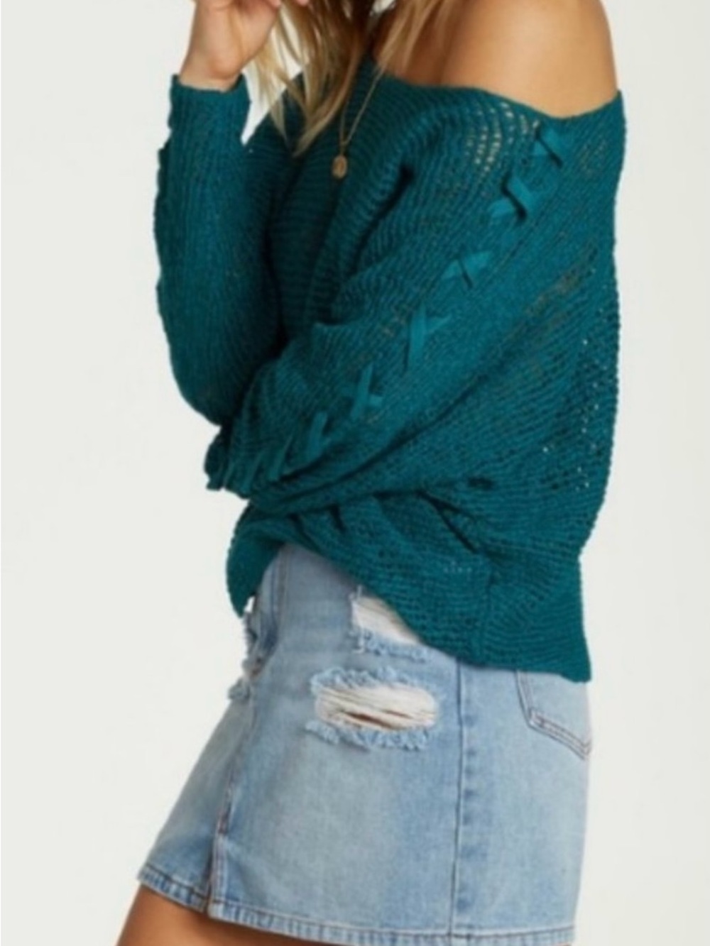 Billabong S Chill Out Teal Off-the-Shoulder Sweater Beachy Coastal Cottage Boho